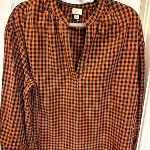 A. New. Day Women's Orange/Black Gingham Tunic Blouse w/ Puff Sleeves-Size Large